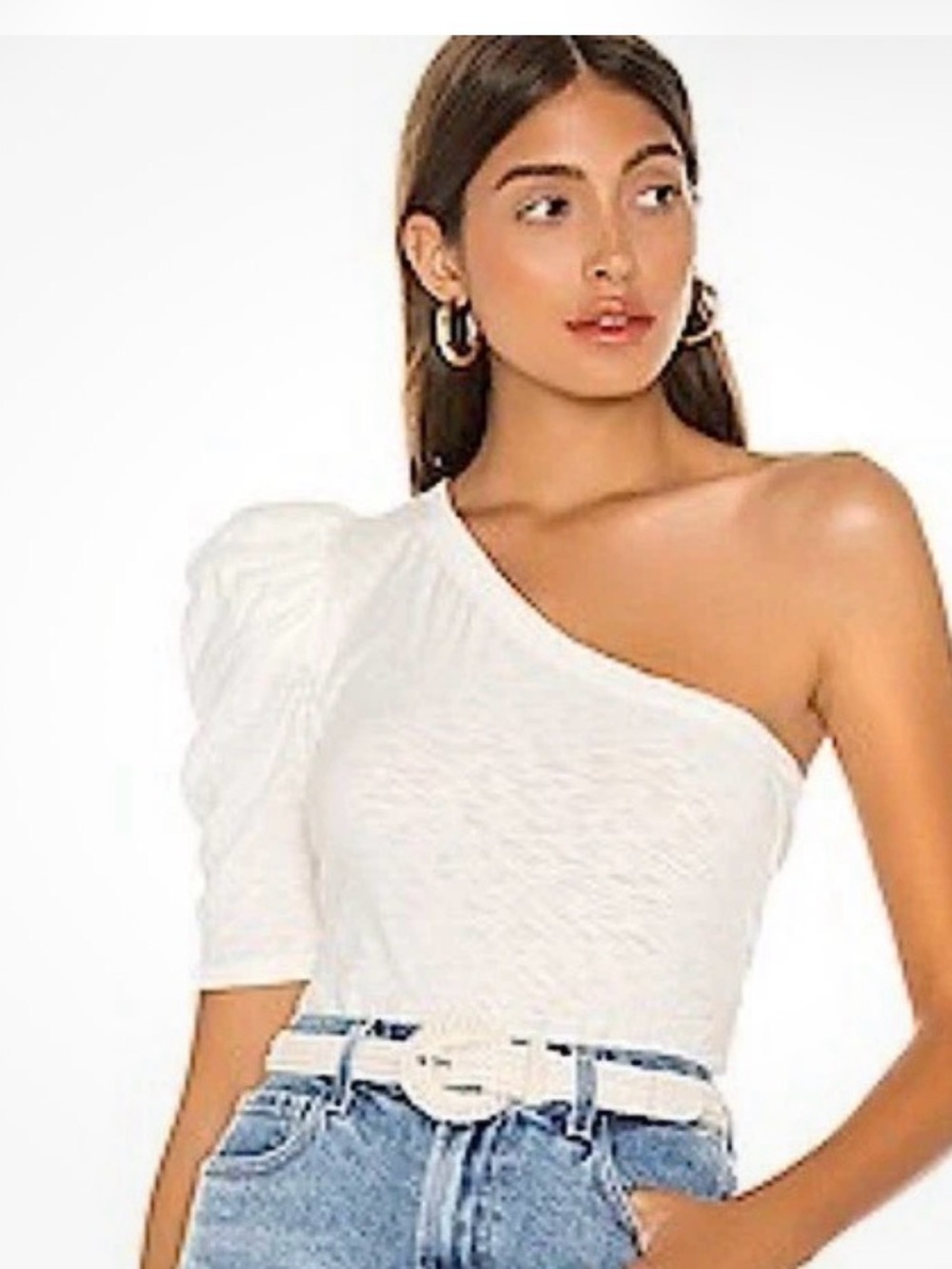 Nation Ltd One-Shoulder White Puff-Sleeve Top
